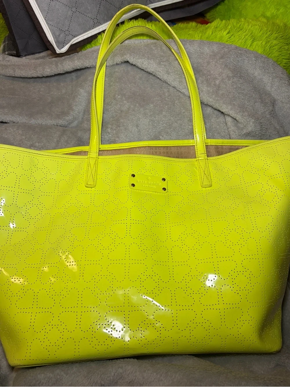 kate spade Neon Yellow Patent Tote with Perforated Floral Pattern